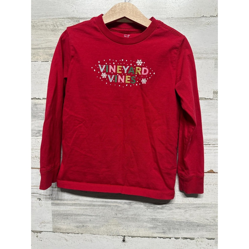 Vineyard Vines Long Sleeve Shirt Girls 5 Red Glitter Holiday Snowflake EUC